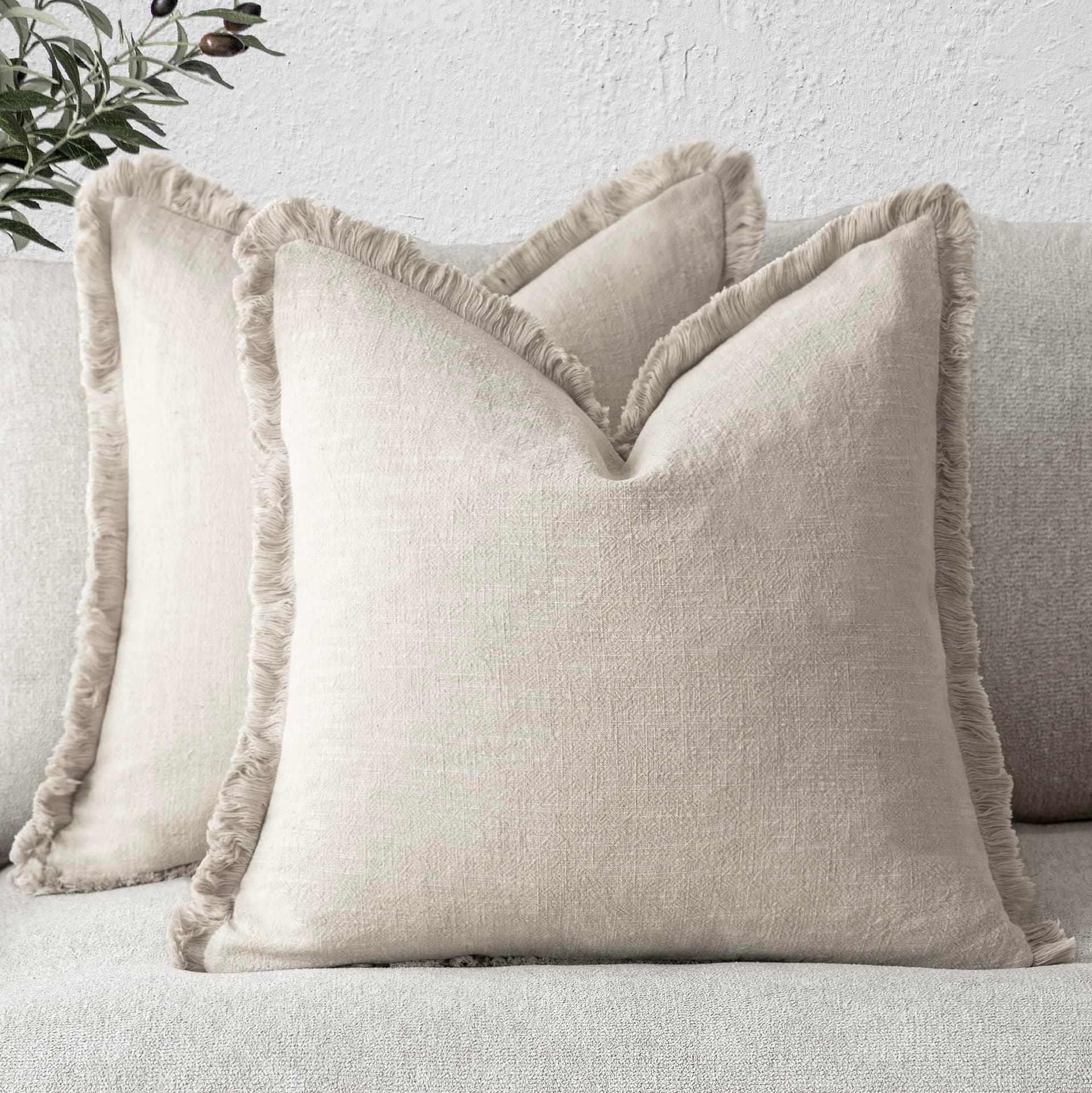 Foindtower Set of 2 Decorative Linen Edges Throw Pillow Covers Cozy Farmhouse Boho Tassels Cushion Cover Soft Accent Pillowcase for Sofa Bed Living Room Home Decor 50×50cm Beige - Image 1
