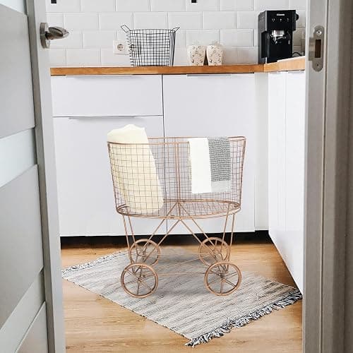 Creative Co-Op Vintage Reproduction Decorative Metal Laundry Basket on Wheels, Copper thumbnail 2