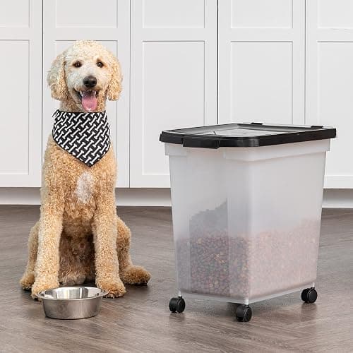 IRIS USA Airtight Dog Food Storage Container, WeatherPro, Up to 50 lbs, Removable Wheels, for Dog Cat Bird and Other Pet Food Storage Bin, Keep Fresh, Translucent Body, Made in USA, Clear/Black thumbnail 2