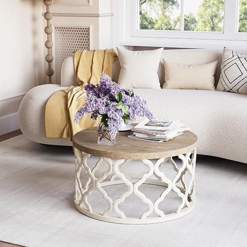 Farmhouse Coffee Table, French Country Round Coffee Table, Coastal Coffee Table with Distressed Top, Boho Center Table with Curved Motif Frame Base for Living Room, Dining Room, Bedroom, Cream Beige thumbnail 8