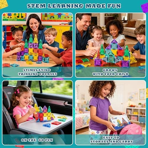 RiteHold Magnetic Tiles for Kids Mini Magnet Tiles Building Set 43PCS Toddlers Magnetiles Travel Toys with Case & 2 Cars Basic STEM Magnets Construction Tile Toy Ages 3-8 Boys Girls thumbnail 7