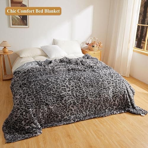 XeGe Fluffy Faux Fur Leopard Print Bed Blanket Kids Adults Couples, Plush Fuzzy Wrap Round Large Cheetah Queen Size Warm Shaggy Furry Blanket for Couch Sofa Bedroom Living Room, Grey, 90x90, Queen thumbnail 7