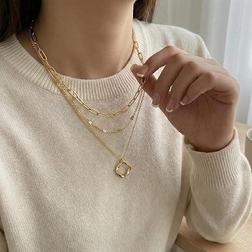 Poxtex Layered Gold Necklaces for Women, Stackable Dainty 14K Gold Silver Plated Trendy Simple Heart Diamond Cross Bow Circle Pendant Paperclip Choker Dot Chain Necklace,Jewelry Set Gifts for Women thumbnail 9