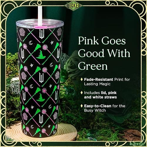 Dragon Glassware x WICKED Vacuum Insulated Tumbler with Lid and Straw - 24 oz Tumbler Cup with 2 Straws - Stainless Steel Tumbler with Straw for Water, Iced Tea - Wicked Movie Green Tumbler with Straw thumbnail 4