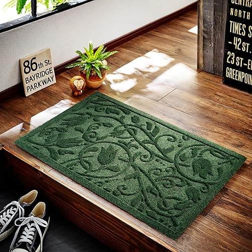 VivaNest Boho Green Floral Leaves Outdoor Indoor Entrance Doormats, Absorbent Durable Heavy Duty Welcome Front Door Mat,Thick Natural Rubber Back,Easy Clean Entryway Mat 17x30 Inch, Low Profile - Tulip-green - 1'5" x 2'6" (Rectangular) thumbnail 4
