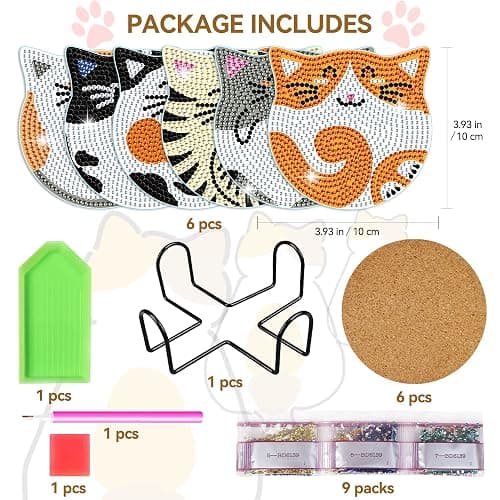 Vcekract Diamond Painting Coasters Kits, 6 Pcs Cat Diamond Art Coasters with Holder, Crafts Kits for DIY Coasters, Diamond Art Kits for Adults thumbnail 6