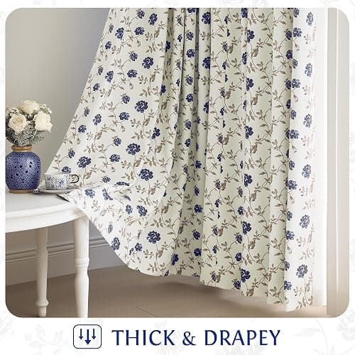 Beauoop Floral 100% Blackout Curtains 84 Inches Long 2 Panels for Bedroom Living Room Blue Brown on Beige Vintage Rose Flower Patterned Room Darkening Thermal Soundproof Grommet Window Drapes, 52X84 thumbnail 7