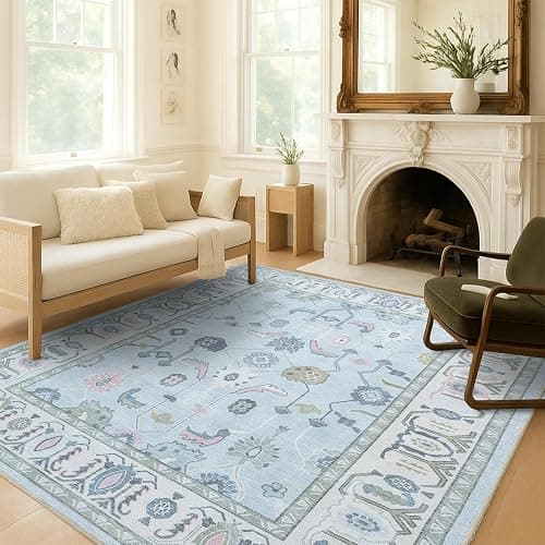 Fame Living Cream Blue Oushak Rug, Modern, Vintage, Turkish, Eclectic, Floral, Pastel, Washable, Area Rugs for Living Room, Dining, Bedroom, Office, Entryway, Foyer, Playroom, Nursery, 5'x6'9" - Image 1