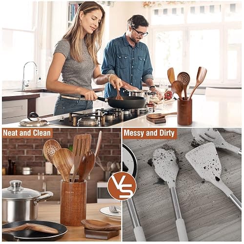 Mooues 9 Piece Natural Teak Wooden Kitchen Utensil Set with Spoon Rest - Comfort Grip Cooking Spoons and Utensils Holder thumbnail 5
