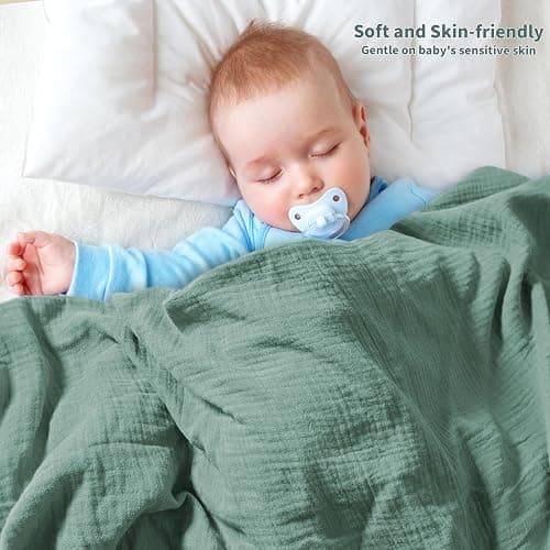 Muslin Swaddle Blankets for Newborn, 2 Pack Breathable Soft Receiving Blanket, Large 41 x 41 inches Swaddle Wrap Burping Clothes, Essentials Infant Shower Items. (Beige & Green) thumbnail 5