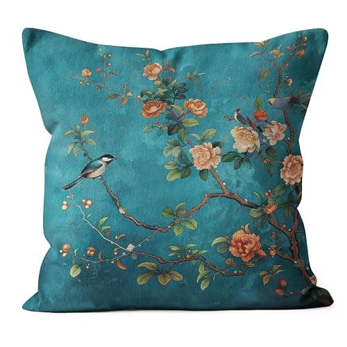 WDSFHYJK Teal Chinoiserie Floral Bird Pillow Covers 18x18, Cottagecore Room Decor, Rustic Farmhouse Flower Bird Decorative Throw Pillow Covers Pillowcases for Living Room Home Bedroom - Image 1