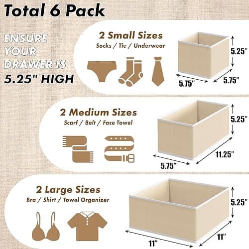 SimpleHouseware Foldable Cloth Storage Box Closet Dresser Drawer Divider Organizer Basket Bins for Underwear Bras, Beige (Set of 6) thumbnail 3