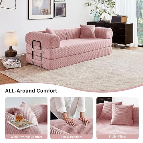 Reiboco 79" Convertible Sofa Bed, Pull Out Sleeper Couch, Corduroy Loveseat Futon for Small Apartment, No Assembly Oversized Floor Sofa, Modern Couch Bed for Living Room Guest Room (Pink) thumbnail 3