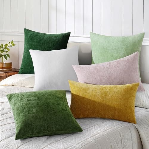 decorUhome Chenille Sage Green Summer Throw Pillow Covers 20x20 Inch Set of 2, Decorative Soft Couch Pillow Covers Solid Dyed Accent Farmhouse Neutral Square Pillow Cases for Sofa thumbnail 4