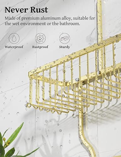 YASONIC Never Rust Shower Caddy Hanging Organizer - Aluminum Over-the-Showerhead Rack With 10 Hooks for Razor/Sponge and Soap Basket - Gold thumbnail 4