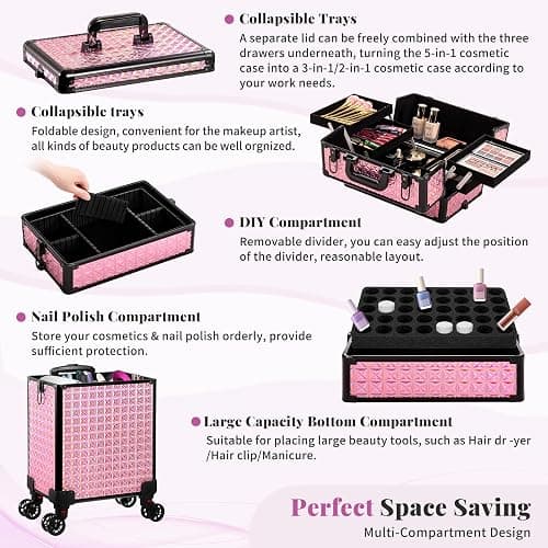 AROUS 5 in 1 Rolling Makeup Train Case Cosmetology Case on Wheels Large Cosmetic Organizer Travel Cart for Hairstylist Artist Nail Beauty Salon Barber,Pink thumbnail 8