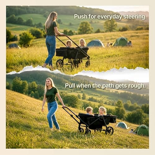 Weego Lightweight Wagon Stroller for 2 Kids, Foldable All-Terrain, Black | Double stroller wagon with removable canopy, adjustable push-pull handle, snack tray, cup holders and storage basket. thumbnail 4