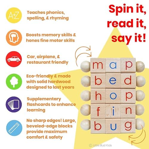 LITTLE BUD KIDS Spin-and-Read Montessori Phonetic Reading Blocks with CVC Phonics Flashcards for Beginner Readers, Montessori Reading Wooden Toys for 3 Years + thumbnail 2