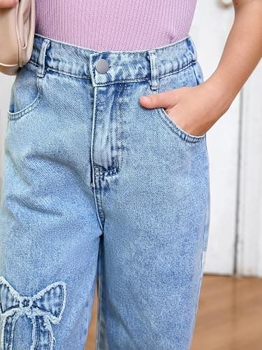 WDIRARA Girl's Bowknot Print Washed Jean Elastic Waist Denim Pants Straight Leg Trousers with Pockets thumbnail 3