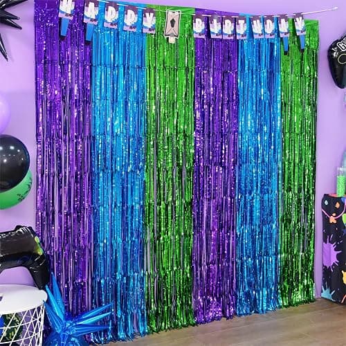 Mega-L Video Game Birthday Decorations, 2Pack Purple Blue Green for Night Backdrop Streamers 3.3x6.6ft Foil Fringe Curtains for Boys Game Fans Holiday Party Supplies Pixel Photobooth Props Wall Decors - Image 1