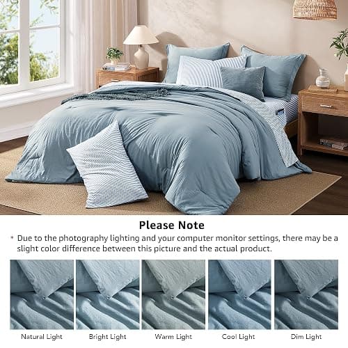Monbix Queen Comforter Set - 7 Pieces Dusty Blue Prewashed Bed in a Bag Queen Bedding Sets with Comforters, All Seasons Ultra Soft Comforter Bed Set with Sheets,Pillowcases & Shams thumbnail 8