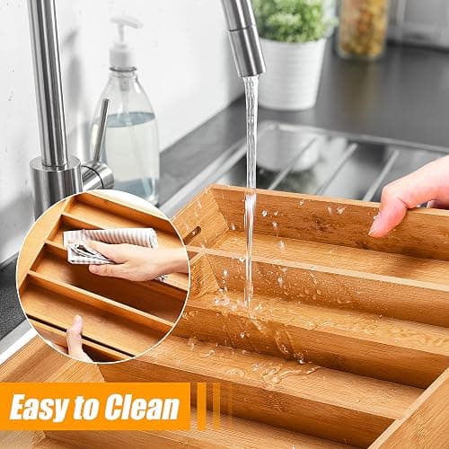 Bellsal Silverware Organizer Kitchen Drawer Organizer Expandable Bamboo Utensil Holder Cutlery Tray for Kitchen Utensil and Flatware Bedroom Office - Nature - 7 Slots Expandable thumbnail 6