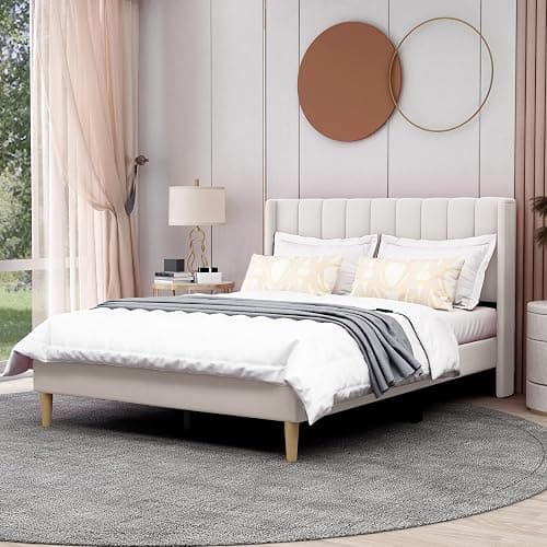 AGARTT Upholstered Platform Bed Frame Full Size with Headboard and Footboard/Wooden Slats Support/No Box Spring Needed/Easy Assembly,Beige Velvet - Image 1