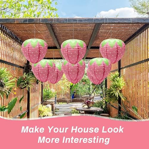 4 PCS Strawberry Paper Lantern Pink, Windspeed Large Strawberry Lantern Decorations Hanging Paper Lantern for Strawberry Party Decor 3D Strawberry Paper Lanterns 8 inch, 12 inch thumbnail 5