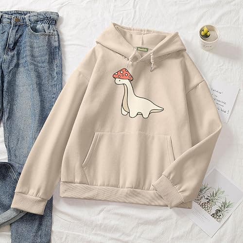 Weetiotio Oversized Cute Mushroom Dino Print Hoodies for Womens Kawaii Cartoon Sweatshirt Teen Girls Cotton Fleece Sweaters thumbnail 4