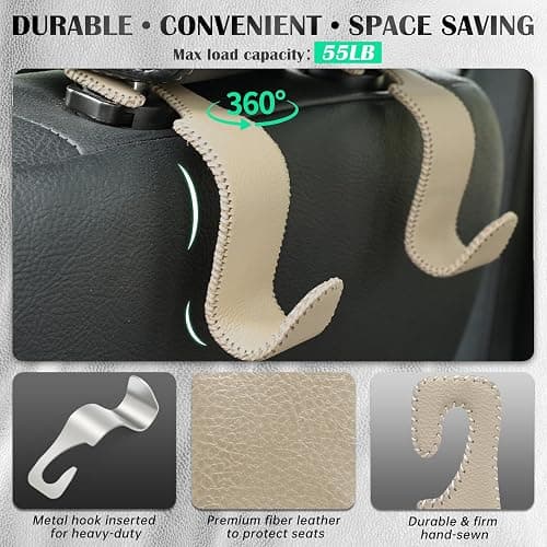 Car Seat Headrest Hook 55lb Heavy Duty Metal Hanger with Leather for Bags | Universal Fit car SUV Truck, Premium Microfiber Leather, Metal Core, Hang Purses Groceries Handbag Backpack, 2 Pack Beige thumbnail 3