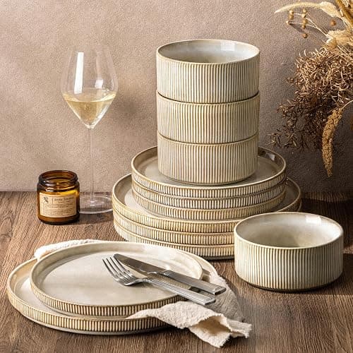 GBHOME 12-Piece Stoneware Dinnerware Set for 4 – Ribbed Ceramic Plates and Bowls, Scratch-Resistant, Microwave & Dishwasher Safe, Reactive Glaze, Cappuccino - Image 1