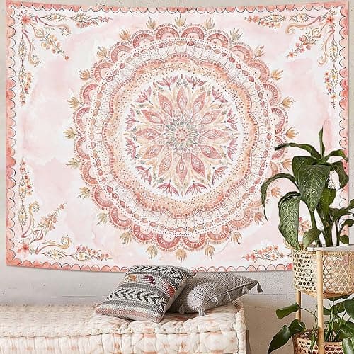 Fowocu Boho Floral Mandala Tapestry Wall Hanging Pink Bohemian Flower Medallion Tapestry Aesthetic Watercolor Hippie Indian Large Tapestries for Bedroom Living Room Dorm Decor 80 x 60 Inch thumbnail 4