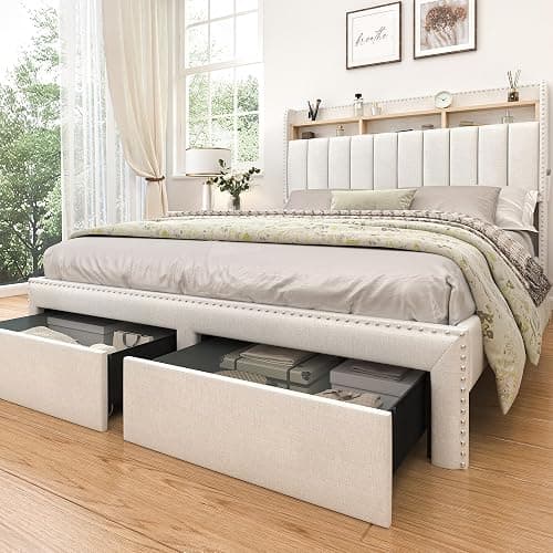 SIBEDS Full Bed Frame with 2-Tier Storage Headboard, Smart LED Beds with 2 Under Bed Storage Drawers, Linen Upholstered Platform Bedframe with Vertical Channel Tufted Wingback Rivet Decor, Natural thumbnail 8
