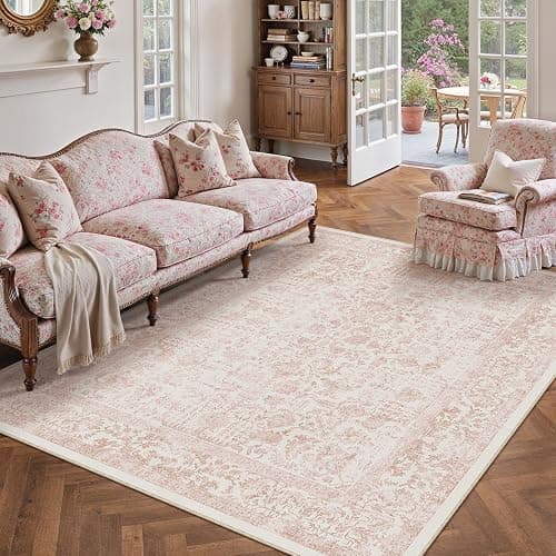 PureCozy 5x7 Washable Area Rug Pink Vintage Distressed Rug for Office Non Slip Low Pile Traditional Thin Indoor Retro Carpet Soft Floor Cover for Living Ding Room Bedroom Laundry Dorm thumbnail 5