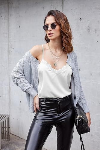 Ekouaer Women's Satin Camisole Lace Silk Satin Pajama Tank Tops V Neck Soft Spaghetti Strap Loose Sleepwear thumbnail 3