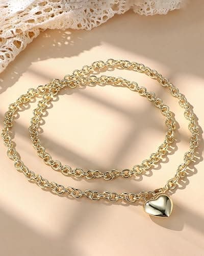 TEN MIRO 16k Gold Plated Chunky Gold Plated Necklace for Women Non Tarnish, 36'' /92cm Long Chunky Heart Necklace layered Puffy Heart Necklaces Long Thick Pendant Bold Statement Necklaces for Women Trendy thumbnail 8