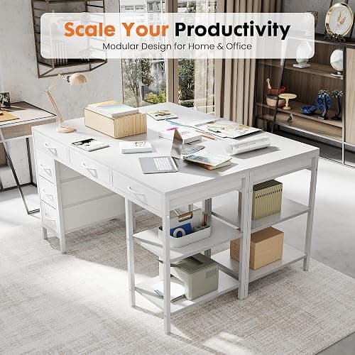 Sweetcrispy 55" Computer Desk with 6 Drawers, Home Office Gaming Desks with Storage Shelves for Bedroom, Writing Study Corner Living Room Work Table White thumbnail 5