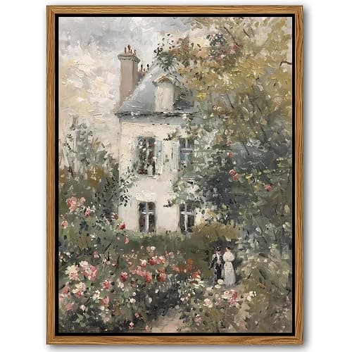 Floating Framed Canvas Vintage Wall Art, Neutral English Cottage Rose Garden Oil Paintings Print, Spring Pictures Wall Decor for Living Room Hallway Bedroom Office Rustic Decor 8x10 inch - Image 1