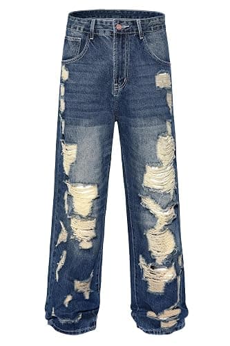 MZNBURAM Men's Non-Stretch Loose Fit Wide-Leg Baggy Jeans Pants thumbnail 5