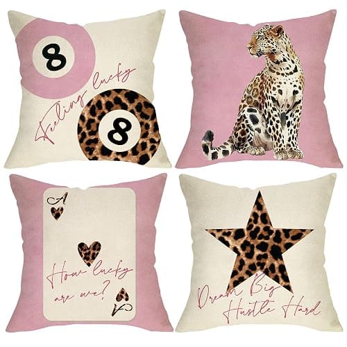 Fjfz Feeling Lucky 8 Ball Pink Leopard Print Decorative Throw Pillow Covers | 18 x 18 Set of 4, Trendy Cheetah Billiards Playing Card Star Home Decor, Funky Girls Dorm Bedroom Sofa Couch Cushion Case - Image 1