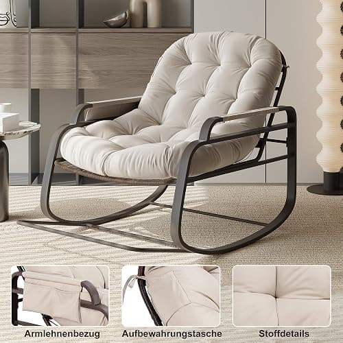 BHFFTHK Schaukelstuhl mit fußablage, Schaukelstuhl für drinnen & draußen, Schaukelsessel Wohnzimmer Relaxstuhl mit gepolsterter, bis 150 kg Belastbar für Garten, Wohnzimmer, Beige (Beige-C) thumbnail 3