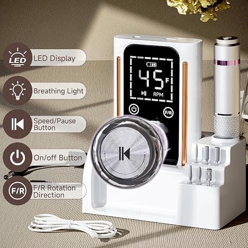 Nail Drill, Portable Electric Nail File 45000RPM, Rechargeable Nail Drill Professional with Bits & Base, for Acrylic Gel Nails, E-File Machine, Manicure Polishing, for Salon Home, White thumbnail 2