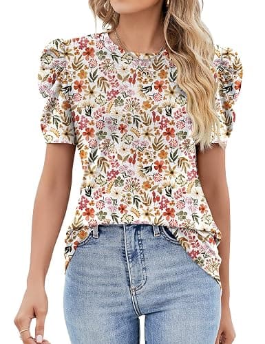 Ivicoer Puff Short Sleeve Shirt for Women Eyelet Tops Summer Crewneck Blouse Loose Fit S-XXL - Image 1