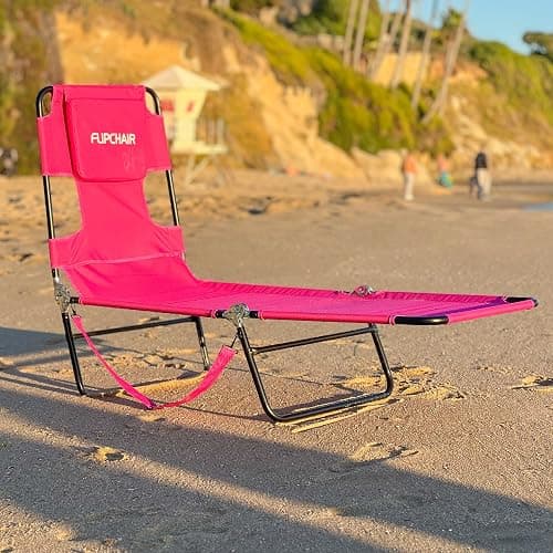 Face Down Tanning Chaise Lounge Chair - Face & Arm Holes - 2 Legs Support - Polyester Material – Backrest Positions - Head Rest Pillow - Beach or Home Use - Read and Tan - Pink Stripes Pattern thumbnail 8