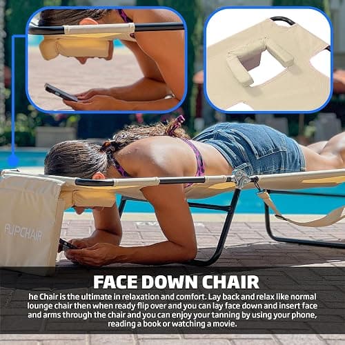 Face Down Tanning Chaise Lounge Chair - Face & Arm Holes - 2 Legs Support - Polyester Material – Backrest Positions - Head Rest Pillow - Beach or Home Use - Read and Tan - Tan Stripes Pattern thumbnail 4