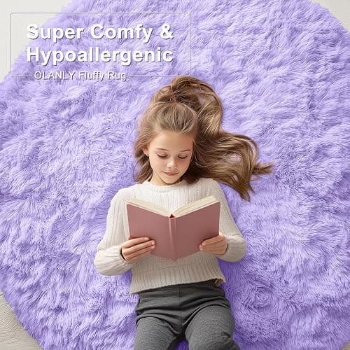 OLANLY Light Purple Round Rugs for Bedroom - Machine Washable, 5 ft Circle Area Rugs for Living Room, Soft and Fluffy Shaggy Carpet for Teen Girls and Boys, Nursery Rooms, Dorms, Home Decor Aesthetic thumbnail 5