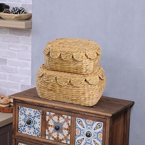 LUSYDECO Round Wicker Storage Baskets with Lid, Rattan Basket Decorative Boxes, Woven Storage Box Hyacinth Basket with Lids, Scalloped Edge Wicker Basket with Lid, Set of 2 thumbnail 3