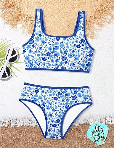 NECIOUS Teen Girls Swimsuits Two Piece Sporty Bikini Sets Color Contrast Trim Adjustable Straps Swimsuit with Chest Pad thumbnail 5