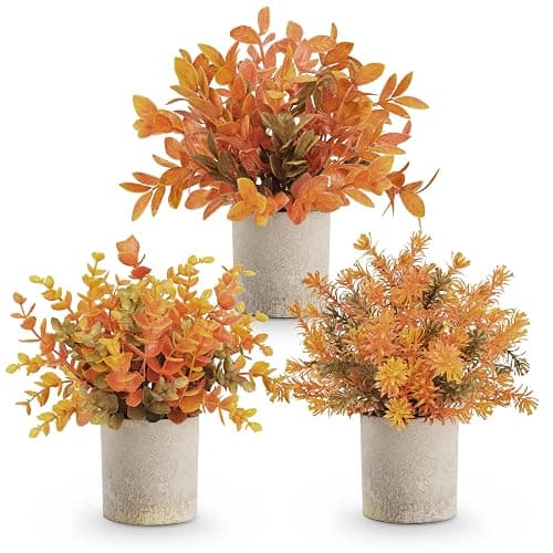 Der Rose 3 Pack Fake Plants Warm Orange Faux Plants for Fall Table Decor | Orange maple-toned eucalyptus, lightweight and compact, maintenance-free, autumn accents for shelf kitchen bedroom entryway - Image 1