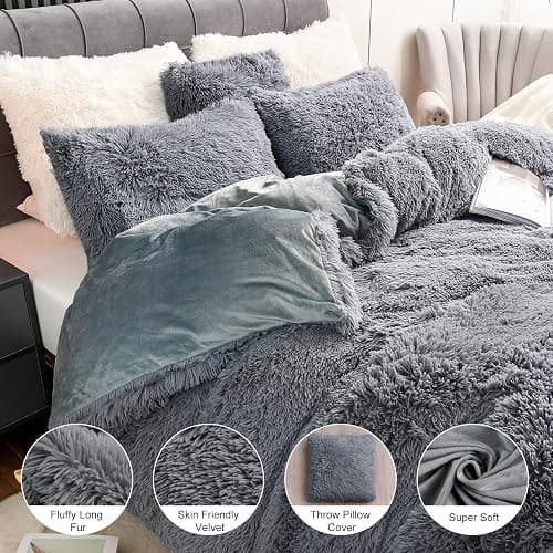 Fluffy Plush Duvet Cover Set , Luxury Ultra Soft Velvet Fuzzy Comforter Cover Bed Sets 4Pcs(1 Faux Fur Duvet Cover + 2 Pillow Cases + 1 Cover) Zipper Closure (Queen, Dark Gray) thumbnail 3